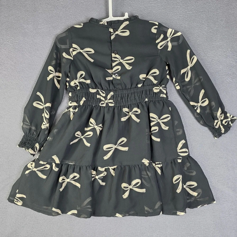 Carter's Chiffon Bow Dress Kids Size 4 Black Long Semi-Sheer Sleeve Tiered Lined
